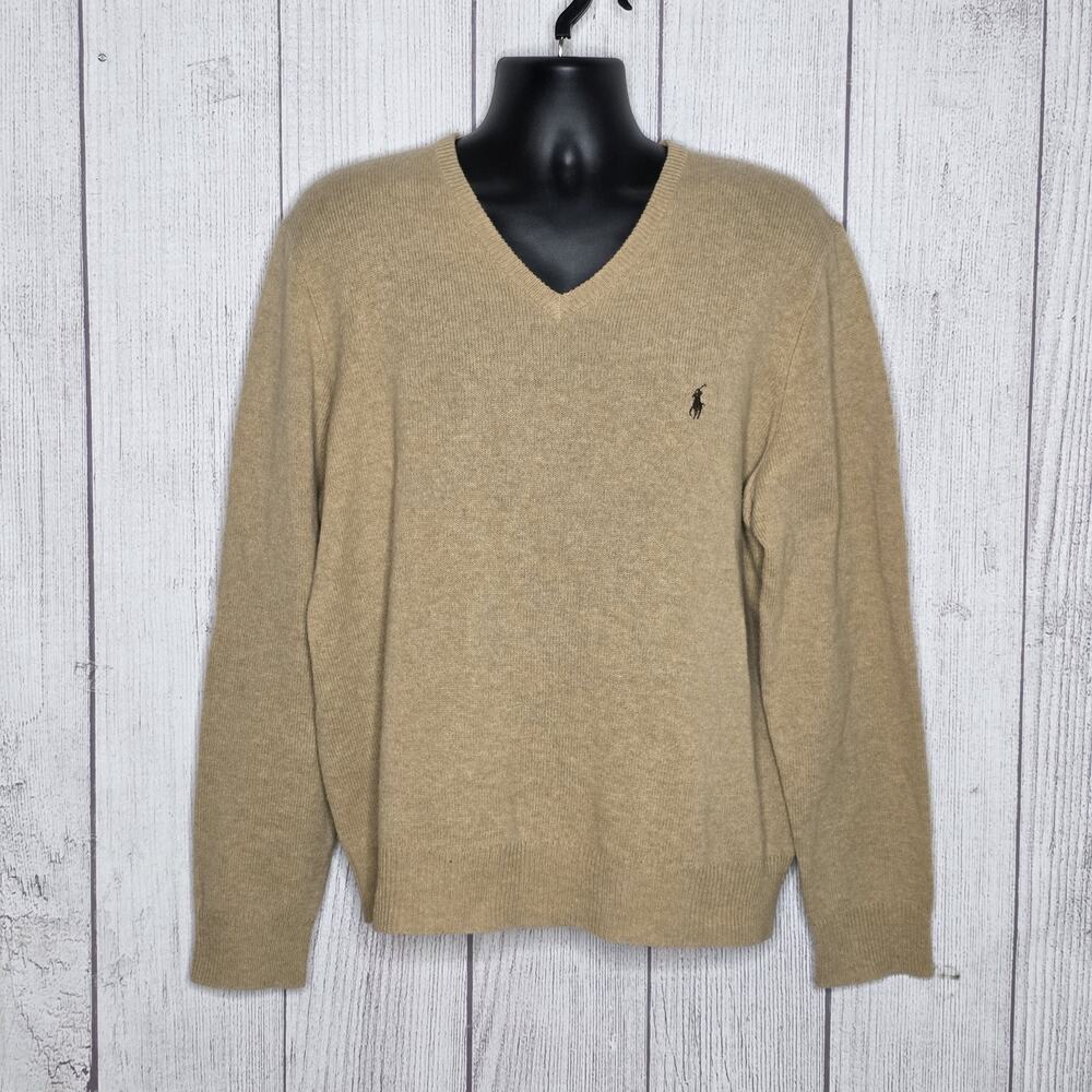 Polo Ralph Lauren Mens XL Lambswool Sweater Camel Tan V Neck Pony Preppy - Picture 1 of 6